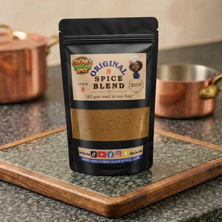 Packaged original spice blend on a kitchen counter with cookware in the background.